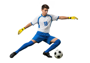 Soccer goalie player kicking ball number 18 jersey action shot sport athlete isolated on transparent background