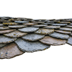 Layered Slate Roof Tiles Weathered with Moss and Water Droplets on a Black Background