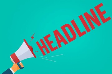 Megaphone announcing the word headline in bold red letters against a vibrant teal background symbolizing news and important announcements