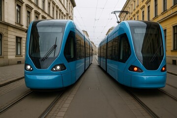 Modern blue electric trams on city rails symbolize eco-friendly urban transportation and sustainable green energy environment concept in clean streets. Ai generative