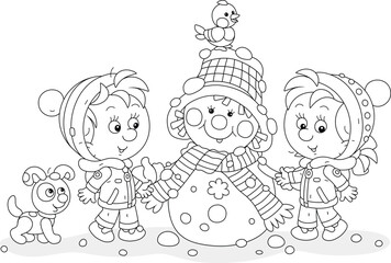 Happy little boy and girl with a puppy and a funny snowman with a striped scarf playing in a snowy winter park, black and white vector cartoon illustration for a coloring book