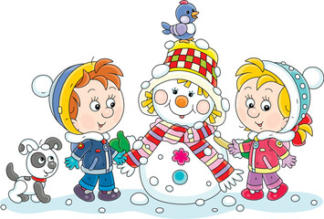 Happy little boy and girl with a puppy and a funny snowman with a striped scarf playing in a snowy winter park, vector cartoon illustration on a white background
