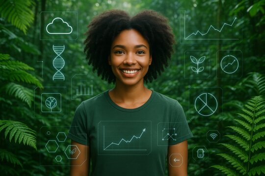 Smiling woman in forest surrounded by eco-friendly digital infographics symbolizing green technology, sustainability, and environmental data concept. Ai generative