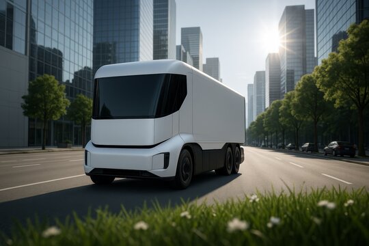 Futuristic electric delivery truck driving through eco-friendly city with green energy concept on sunny morning with modern buildings and clean street. Ai generative