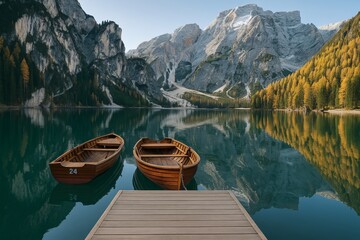Tranquil mountain lake with two wooden boats and dock amid autumn forest and snow-capped peaks under clear sky, showcasing eco travel concept. Ai generative