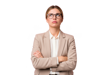 Pensive businesswoman with arms crossed looking upward, wearing glasses and a blazer, isolated on transparent background