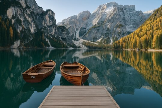 Tranquil mountain lake with two wooden boats and dock amid autumn forest and snow-capped peaks under clear sky, showcasing eco travel concept. Ai generative - Powered by Adobe