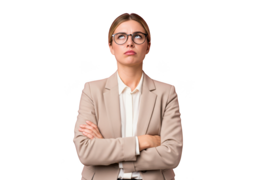 Pensive businesswoman with arms crossed looking upward, wearing glasses and a blazer, isolated on transparent background