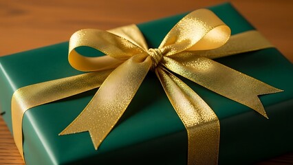 Gift box with green wrap and gold bow