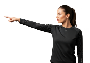 Woman pointing direction showing guidance leadership instruction coaching training isolated on transparent background
