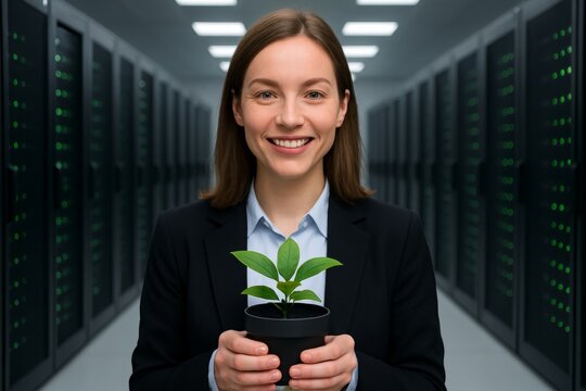 Businesswoman holding green plant in server room showing eco-friendly technology and sustainable energy environment concept for digital systems. Ai generative