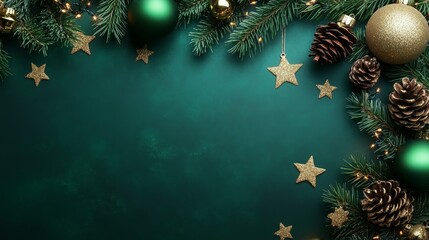 Festive Evergreen Christmas Decoration with Golden Stars and Pine Branch on Green Background