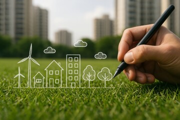 Hand drawing eco-friendly cityscape with wind turbines, trees, and buildings on green grass, symbolizing sustainable environment and energy concept. Ai generative