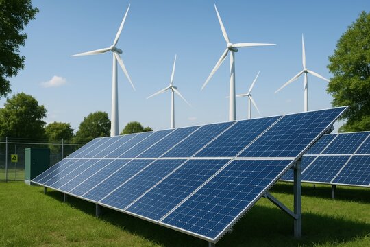Solar panels and wind turbines generating eco-friendly green energy on a sunny day in a renewable environment concept setup outdoors. Ai generative