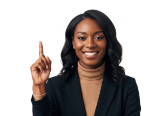 Professional smiling african american businesswoman pointing upward stock photo, business concept, isolated on transparent background