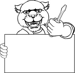 A panther electrician handyman or other construction cartoon mascot man holding a screwdriver tool.