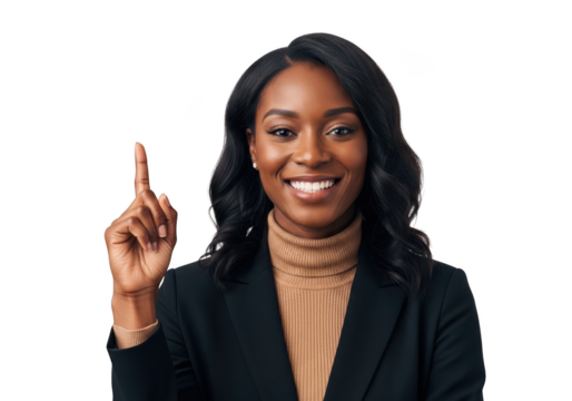 Professional smiling african american businesswoman pointing upward stock photo, business concept, isolated on transparent background - Powered by Adobe