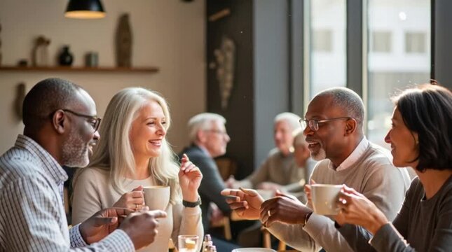 Group of Diverse Adults Enjoying Conversation and Coffee in Cozy Cafe Setting