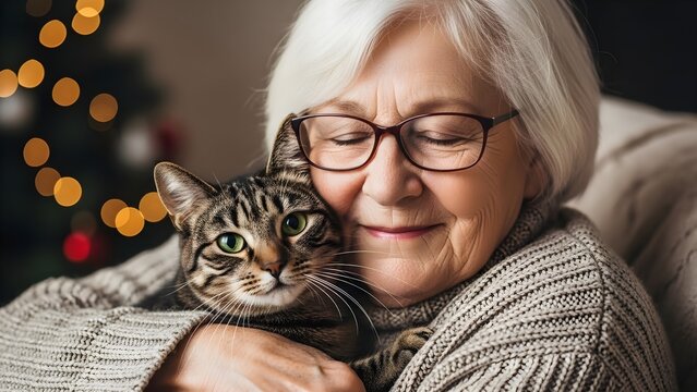 Serene elderly woman with glasses smiling and embracing her cute tabby cat, a portrait of companionship and love