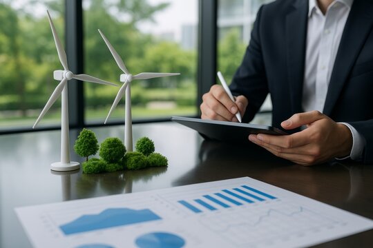 Businessman analyzing eco-friendly energy data with wind turbine model and trees on desk in modern office environment for sustainability concept. Ai generative