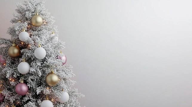 Stunning Christmas Tree Adorned with Frosted Branches, Gold and White Baubles for Festive Cheer