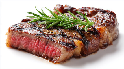 A perfectly seared steak with a pink, medium-rare center topped with fresh rosemary. Savory glaze highlights grill marks, creating an appetizing image for food, dining, and recipe branding.
