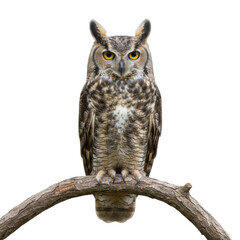 Obraz premium Majestic Great Horned Owl Perched on a Branch Against a Stark Black Background