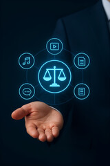 AI Law and Governance Concept: Professional Hand Holding a Digital Icon of the Scales of Justice Surrounded by Generative AI Application Icons (Music, Video, Text, Chat).