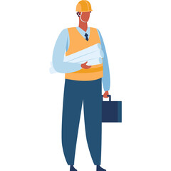 Professional Engineer in Hard Hat Holding Blueprints and Briefcase Standing Against White Background Wearing Blue Shirt Orange Vest Dark Blue Pants and Tie