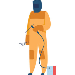 Welder In Orange Protective Suit Holding Welding Torch With Sparks And Connected To Welding Machine On Transparent Background