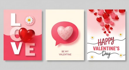Collection of three unique Valentine's Day greeting card templates featuring 3D hearts and love typography.