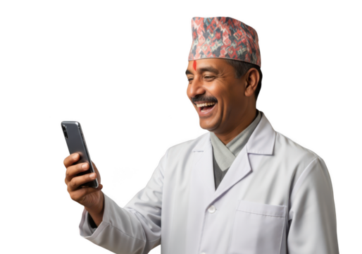 Happy nepali doctor wearing dhaka topi using mobile phone png image stock photo smiling isolated on transparent background