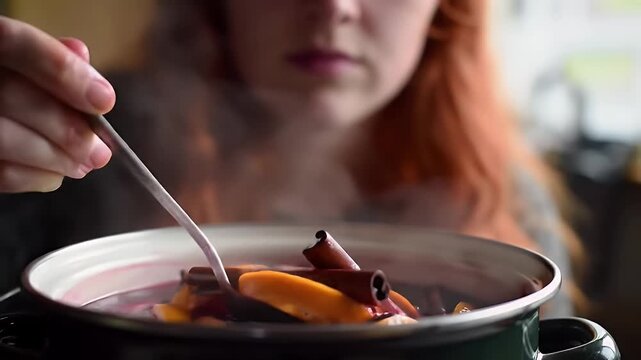 Woman stirring mulled wine indoors.