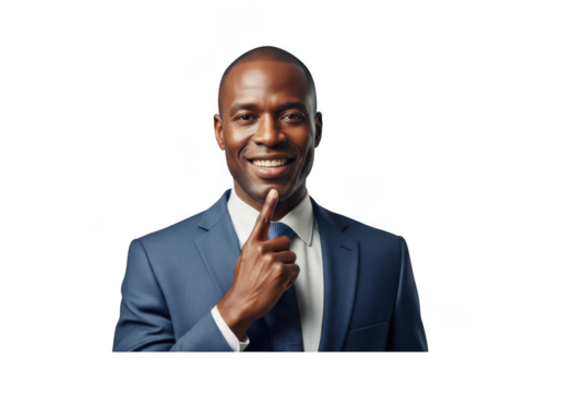 Smiling african american businessman in suit touching chin portrait stock photo image, professional man isolated on transparent background