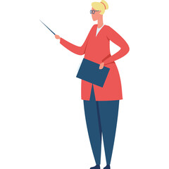 Woman In A Coral Blazer And Blue Pants Holding A Blue Folder And Pointer Stick Giving A Presentation With Blonde Hair And Glasses On A Transparent Background