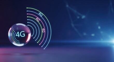 Depiction of 4G LTE cellular networks with bubble and signal waves. 4G LTE cellular networks technology represented with glowing lines indicating connectivity and speed,