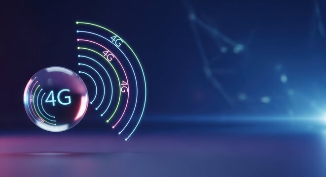 Depiction of 4G LTE cellular networks with bubble and signal waves. 4G LTE cellular networks technology represented with glowing lines indicating connectivity and speed,