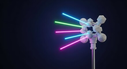 Mobile communication networks concept with white abstract structure radiating bright colorful laser beams. Mobile communication, showing advancement and data exchange, with beams of green,