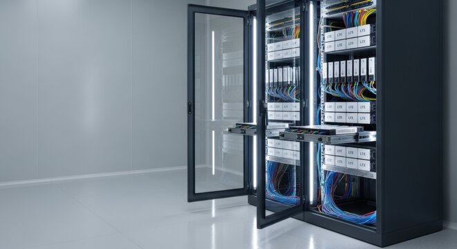 Server room hosting multiple servers shows digital communication network and hardware. Server room and its digital systems offer high speed access to data.
