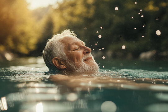 Generative AI image of mature man with gray hair swimming in natural water at sunset, enjoying active peaceful lifestyle