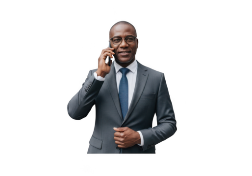 Professional african american businessman in suit talking on mobile phone stock photo png image isolated on transparent background