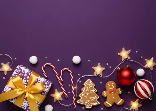 Vibrant purple Christmas celebration scene featuring a wrapped gift box witt ribon, candy canes, gingerbread cookies and ornaments. Evoking festive cheer gifts and holiday greetings card.