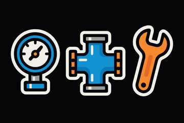 Stylized industrial tool icons featuring gauge, pipe fitting, and wrench on dark background