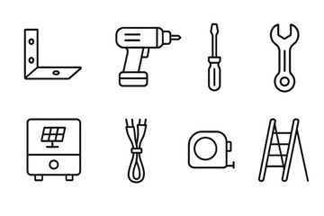 Minimalist tool icon set featuring drill, screwdriver, and ladder