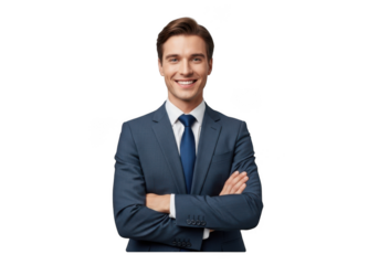 Professional smiling businessman in suit with arms crossed portrait for business use, stock photography, and design resources isolated on transparent background