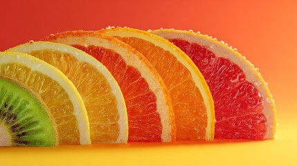 Bright fruit pieces forming gradient, clean eating, colorful nutrient arc