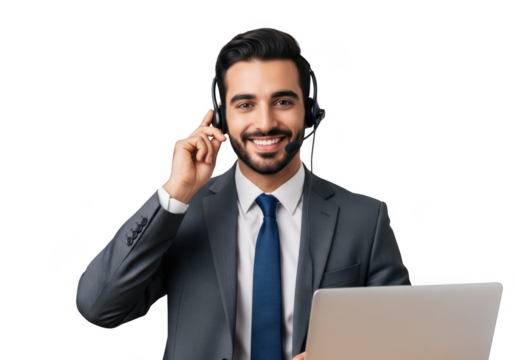 Smiling customer service representative with headset and laptop png image for website design and marketing materials isolated on transparent background