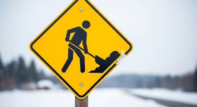 Construction Worker Icon on Yellow Warning Sign in Snowy Environment