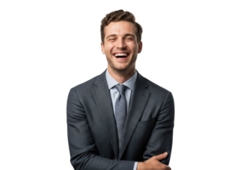 Stock photo of a happy businessman laughing wearing a suit and tie portrait with arms crossed isolated on transparent background