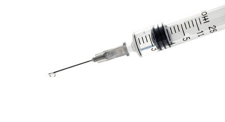 Close up of hypodermic needle with a drop isolated on transparent background